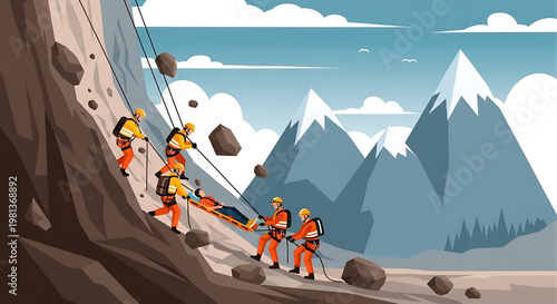 Heroic mountain rescue operation in treacherous conditions a team of emergency workers evacuates an injured person from a perilous rockfall zone on a steep slope, demonstrating courage and teamwork