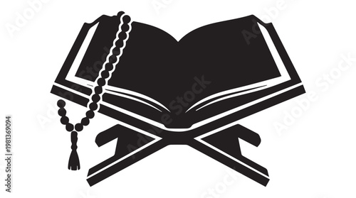 Open holy book with prayer beads on black silhouette background for spiritual meditation
