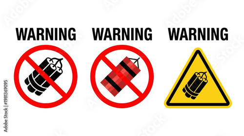 Set of Warning Signs for Explosives, Dynamites, and Prohibited Items on White Background