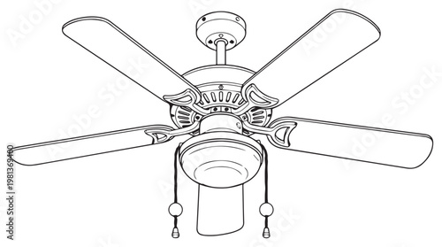 Black and white line drawing of ceiling fan with pull chain and light fixture isolated on tansparent background