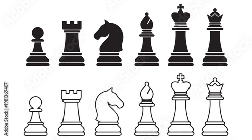 Flat design chess pieces set in black and white icons for strategy and game concept