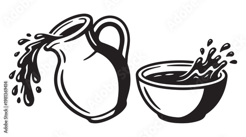 Black and white line art of ceramic jug pouring water into bowl with splashing effect