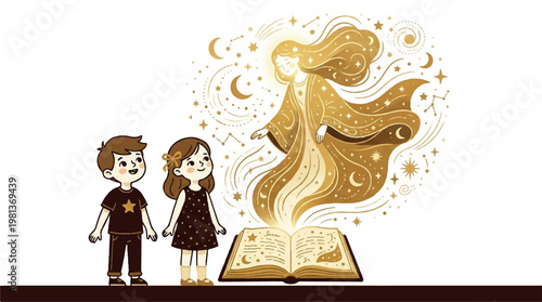 Children discovering magical golden book illustration with glowing stars and fantasy elements