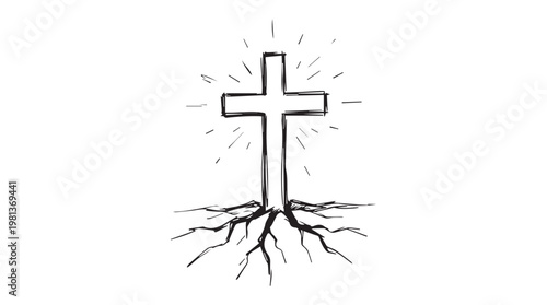 Minimalist 3D silver cross with radiant light beams and roots symbolizing faith and growth on tansparent background