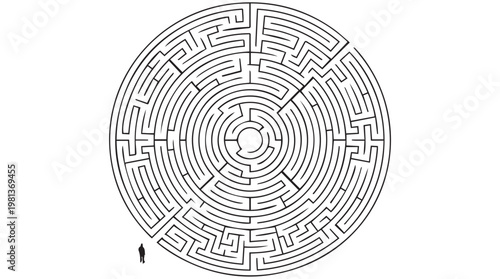 Minimalist black and white circular labyrinth design for meditation and puzzle backgrounds