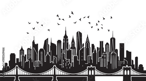 New York city skyline at dusk with flock of birds flying over iconic skyscrapers and bridge