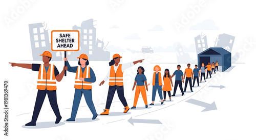 Relief workers guide a community through a disaster-affected area to a safe shelter, demonstrating collective support and resilience during crisis recovery and humanitarian efforts