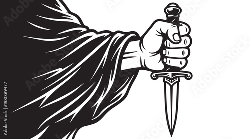 Powerful clenched fist holding dagger in dramatic black and white illustration for motivational concept