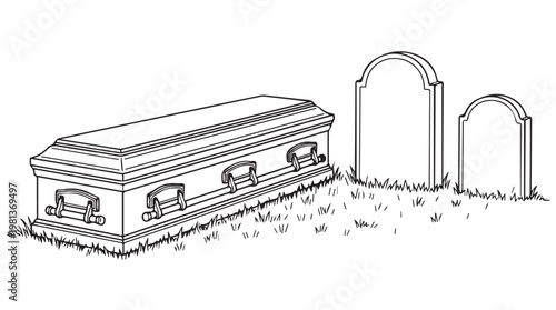 line art illustration of coffin and gravestone on grass for funeral or memorial concept