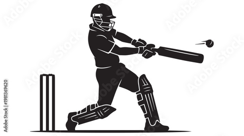 Dynamic cricket player in action swinging bat to hit ball on field flat vector illustration
