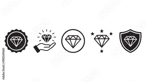 Set of elegant diamond and gemstone icons with engagement ring and shield symbols in flat design