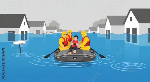 Emergency services navigate floodwaters to rescue victims from submerged homes, showcasing community support during a natural disaster and the urgent need for aid