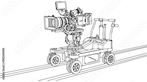 industrial film camera dolly on railroad tracks for cinematic production setup line art