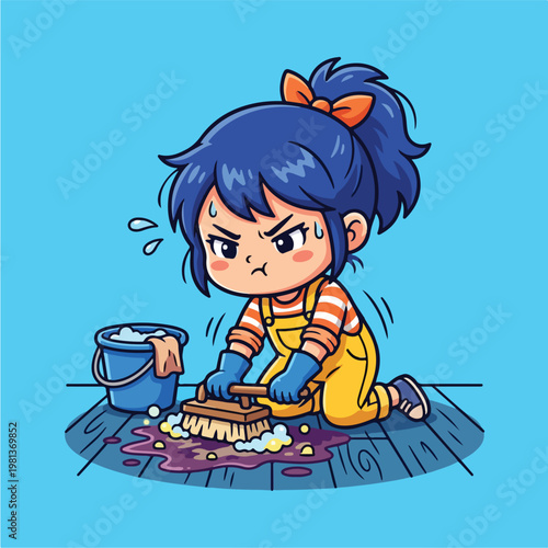 Girl Cleaning Floor with Brush.