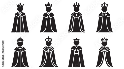 Set of eight faceless royal monarch icons in regal robes and crowns, minimalist black and white vector illustration