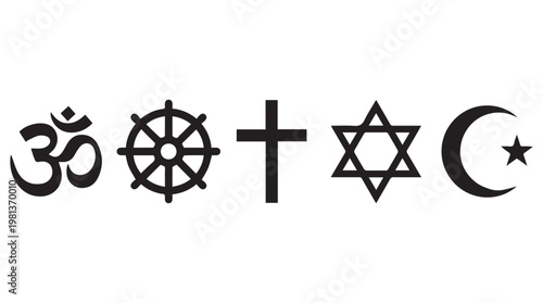 Five major world religions symbols set in black and white minimalist design for interfaith concept