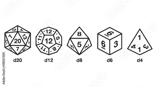 Set of five polyhedral dice for tabletop games and role playing isolated on tansparent background