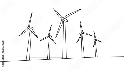 minimalist line drawing of five wind turbines on flat terrain for renewable energy concept