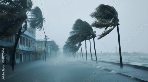 a hurricane storm surge flooding a coastal street, tall palm trees bending violently in the wind, heavy rain and sea spray reducing visibility, dark ocean water covering the road,
