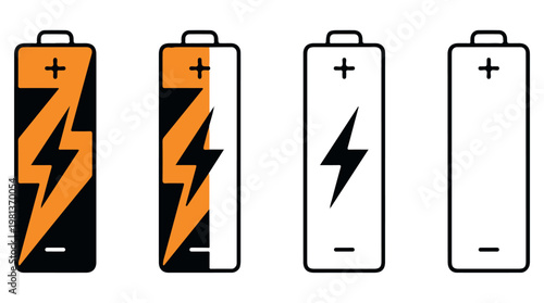 Four rechargeable batteries with power level indicators from full to empty on dark background