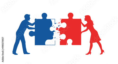 A conceptual illustration depicts two figures pulling apart puzzle pieces symbolizing conflict and separation