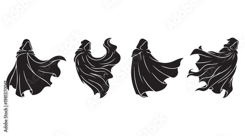 Four black cloaked figures dancing in silhouette against minimalist tansparent background