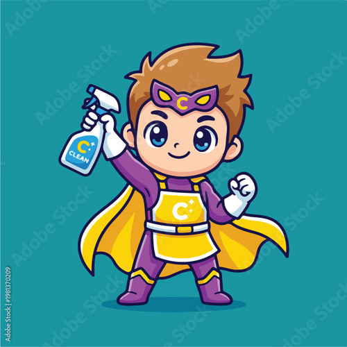 Cartoon superhero cleaning character.