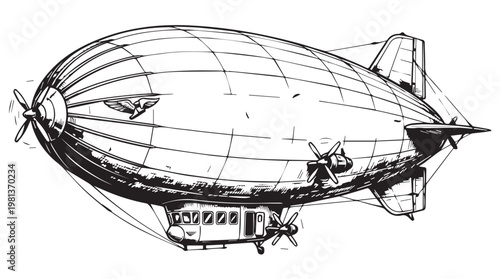 vintage airship zeppelin illustration flying over open landscape with propellers and gondola