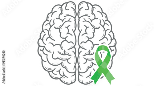3D illustration of human brain with green awareness ribbon symbolizing mental health and neurological disorders