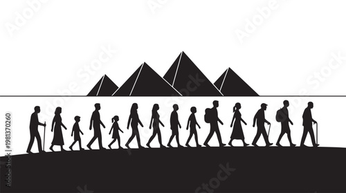 Silhouette of diverse professionals walking in unison against mountain backdrop at dusk