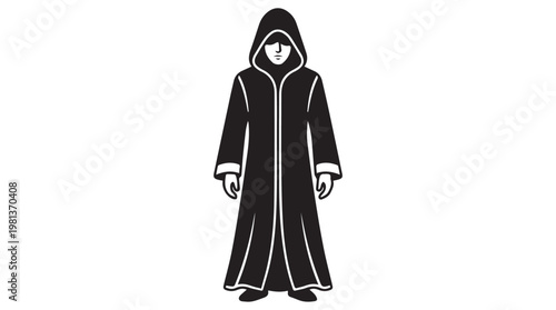 Minimalist black hooded cloak illustration for gothic fashion, fantasy, and mystery themes