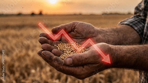 Farmer Holding Small Amount of Dry Wheat Grains with Red Downward Trend Graph Overlay