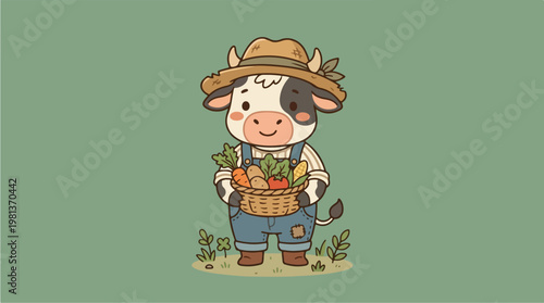 Cow Holding Vegetables in Basket.
