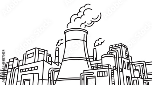 industrial factory complex with steam emission from cooling towers line art illustration