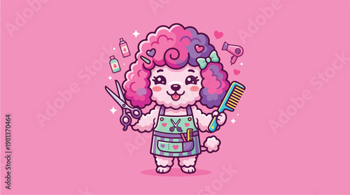 Cute cartoon sheep hairdresser pink.