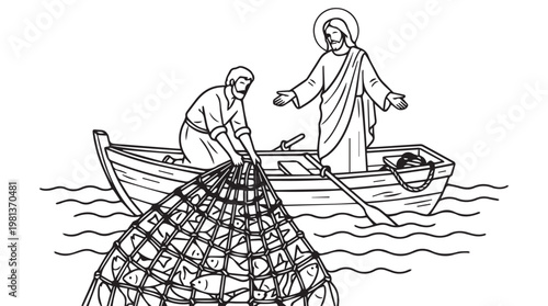 Jesus calling fishermen disciples in a boat on calm water with fishing net illustration