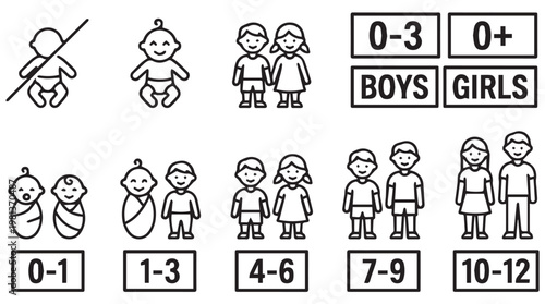 Flat design age group infographic icons for children growth stages and gender classification