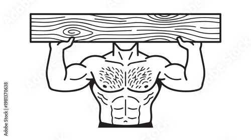 Strong muscular man holding heavy wooden plank above head in black and white illustration