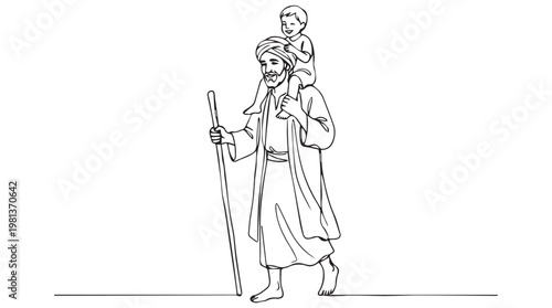 Father carrying son on shoulders with staff walking in minimalist line art illustration