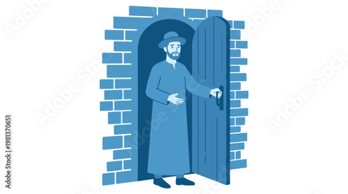 Monk in blue robe standing at wooden door in brick wall minimalist setting