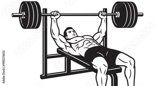 Muscular man performing intense bench press with heavy barbell in gym illustration