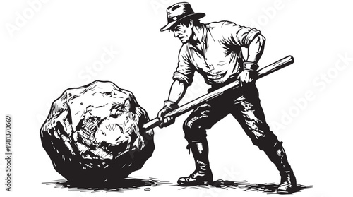 Vintage miner pushing massive ore boulder with pickaxe in rugged outdoor setting, black and white illustration