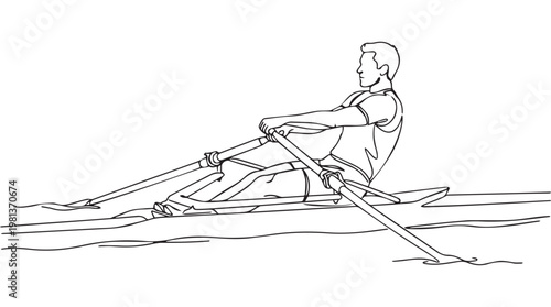 Man rowing single scull boat on calm water with dynamic motion sketch style illustration