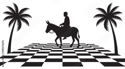 Silhouette of man riding donkey on checkered path under palm trees at dusk