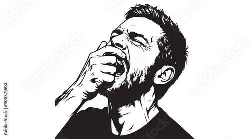 Middle aged man brushing teeth aggressively with toothbrush in bathroom, stressed oral hygiene routine illustration