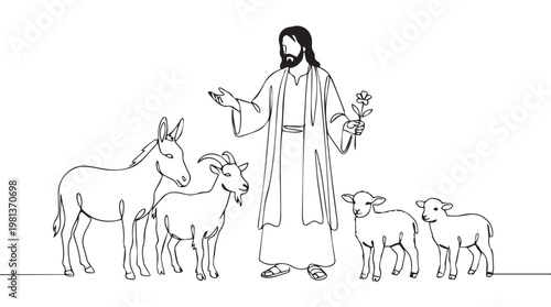 Jesus with sheep and donkey in nativity scene line art illustration for religious education