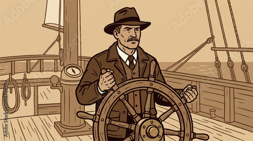 Vintage sea captain steering wooden ship wheel on deck with nautical ropes and sunset glow