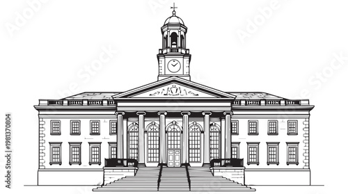 black and white line drawing of neoclassical courthouse building with clock tower and columns