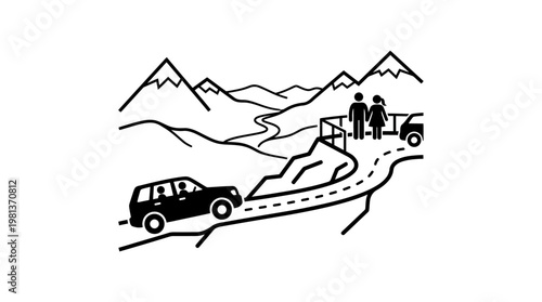 Mountain Road Trip Scenic Overlook and Vehicles