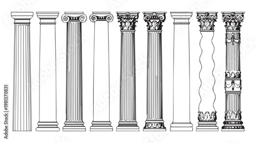 Detailed line drawing of nine classical architectural columns with ornate capitals and bases, vector illustration